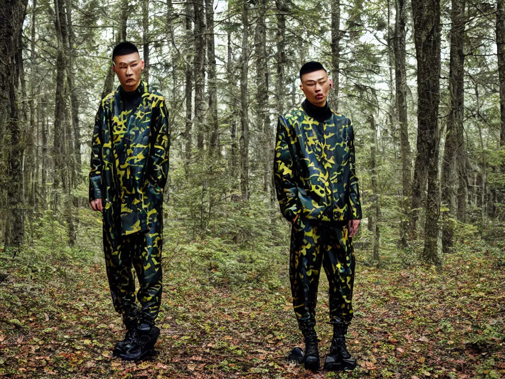 Prompt: versace avant garde oversized jacket arctic camouflage pants fur green gold necklace textiles streetwear cyberpunk buff fit japanese asian man shaved head in the woods overcast late evening dramatic professional color 8 k hdr