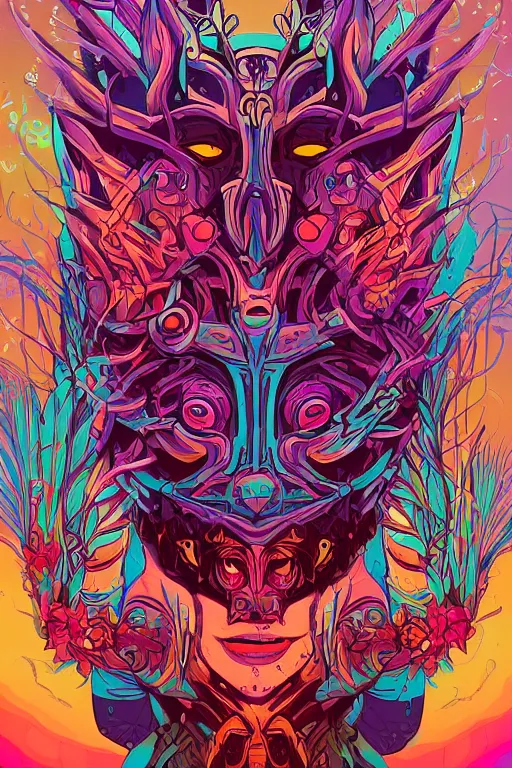 Image similar to animal mask totem roots tribal feather gemstone plant wood rock shaman vodoo video game vector illustration vivid multicolor borderlands comics by josan gonzales and dan mumford radiating a glowing aura