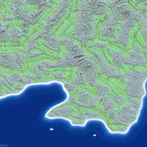 Prompt: highly detailed map of a peninsula with a lot of mountains, 8 k, being lighting, hyperrealistic, grey mountains