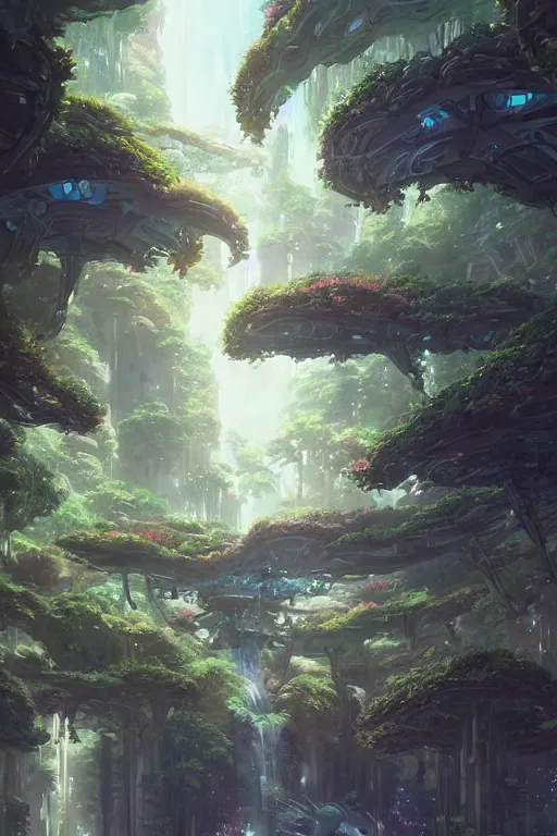 Image similar to portrait of cascading multi level botanical garden spaceship, illustration, concept art, anime, key visual, trending, pixiv, fanbox, by wlop, greg rutkowski, makoto shinkai, studio ghibli, kyoto animation, toon shading, cel shading, vaporwave,