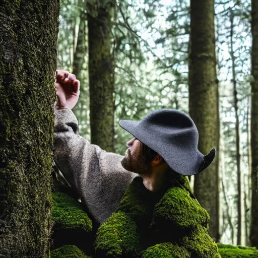 Image similar to portrait of a man with hat made of moss, 4k, 35 mm lens, high details, natural light, Forrest in background