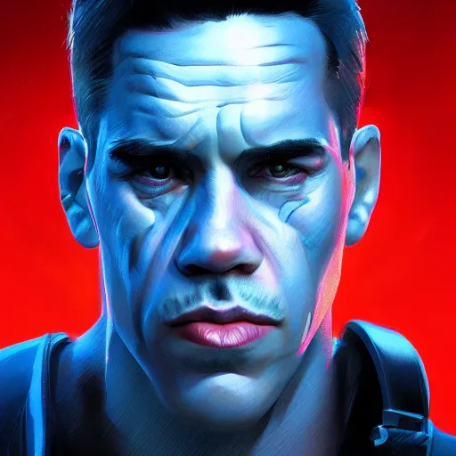 Image similar to Portrait of an Anthony Kiedis Terminator, half of his face looks like the Terminator without skin, mattepainting concept Blizzard pixar maya engine on stylized background splash comics global illumination lighting artstation lois van baarle, ilya kuvshinov, rossdraws