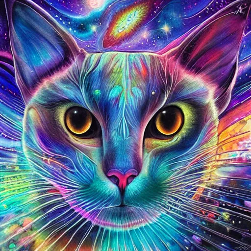 Image similar to a galaxy colored psychedelic chakra awakening kundalini ethereal portrait of a cat with her eyes closending to a higher plane of existence, eternal blessing, multiverse, by android jones, by ben ridgeway, visionary art, by artgerm, featured on artstation, cgsociety, by greg rutkowski