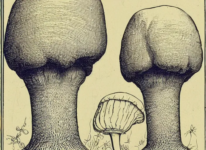 Image similar to Lenin mushroom head!!!, made by Wenceslas Hollar and Ernst Haeckel in vintage Victorian England colourised print style with saturated colours