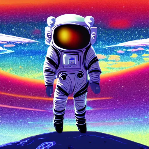 Prompt: a futuristic astronaut walking on an alien psychedelic planet with strange colorful clouds and rivers and mountains, 8 k