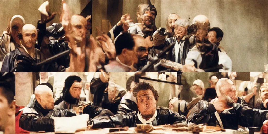 Prompt: Kodak portra 160, 4K, split screen: famous french politician in low budget kagemusha movie remake, prison scene