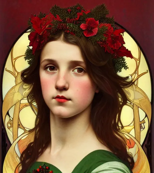 Prompt: realistic art nouveau style detailed portrait of 1 4 - year - old millie bobby brown wearing a holly wreath as a crown at christmas, lit only by candlelight at night by alphonse mucha, william adolphe bouguereau, and donato giancola art nouveau style, dark red and green colors