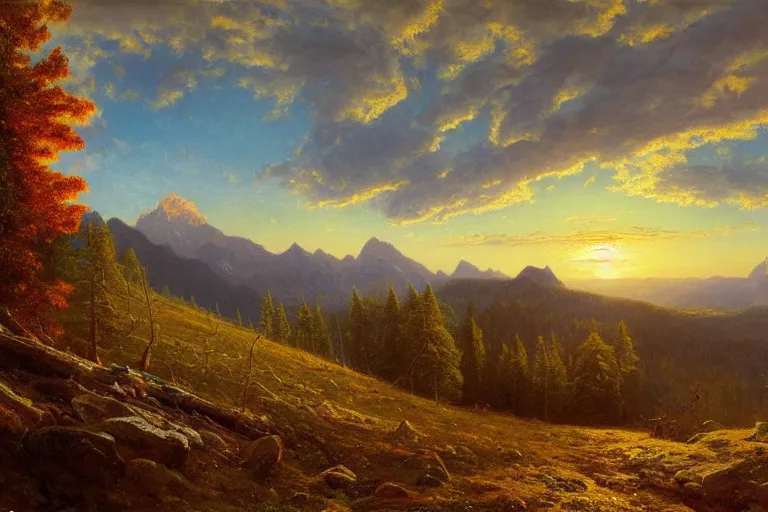 Image similar to mountains, clouds, trees, sunset, beautiful nature, hyperdetailed, focused, cinematic lighting, oil painting, colorful, canvas, artstation, Albert Bierstadt, Hans Dahl, Theodor Kittelsen, Hermann Hendrich, Konstantin Yakovlevich Kryzhitsky