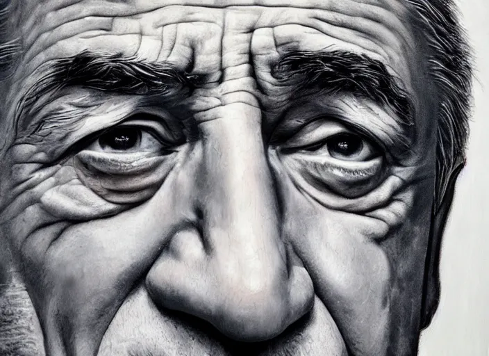 Image similar to a hyper-detailed oil painting of Robert DeNiro; an extraordinary masterpiece!!!; flawless; photorealistic; trending on artstation; f/1.4; 90mm