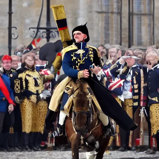 Prompt: emmanuel macron dressed as napoleon, firing a cannon, aiming at england