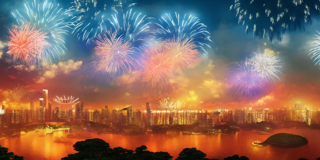 Image similar to Singapore city with a lion-shaped cloud in the sky and fireworks in the sky, by Studio Ghibli, red and white lighting, digital art, ultra realistic, ultra detailed, photorealistic, 4k, character concept