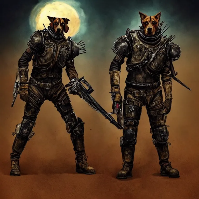 Image similar to a good ol'hound dog fursona ( from the furry fandom ), heavily armed and armored facing down armageddon in a dark and gritty version from the makers of mad max : fury road. witness me.