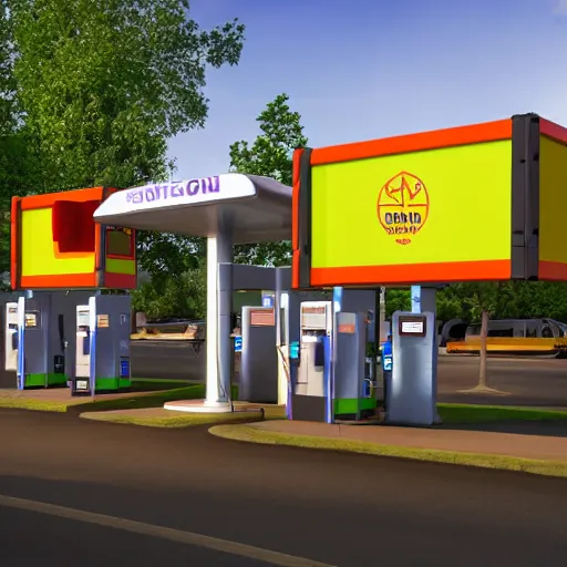 Prompt: photo of glowing sci fi container connected to a gas station in a pleasant urban setting with trees, day - time, sun overhead, award - winning, high res, 4 k, hyper realistic