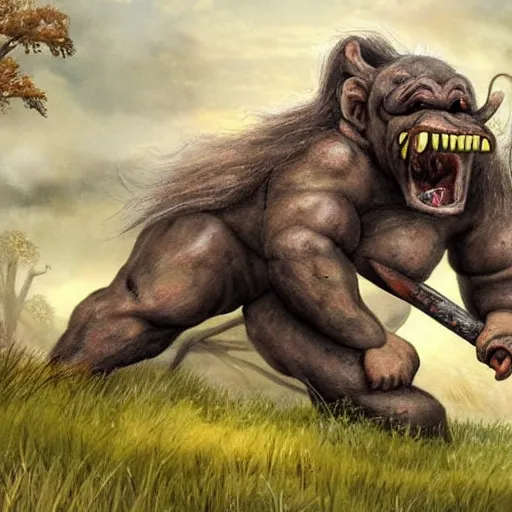 Prompt: A troll lumbers across a field. In its wake, it leaves a swath of destruction that looks like an angry god's handiwork. A few dozen meters out, it turns and bellows at them, revealing long tusks jutting from its lower jaw.