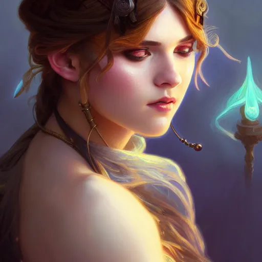 Image similar to courtney miller from smosh, closeup, d & d style, fantasy, intricate, elegant, highly detailed, digital painting, artstation, concept art, matte, sharp focus, illustration, art by artgerm and greg rutkowski and alphonse mucha