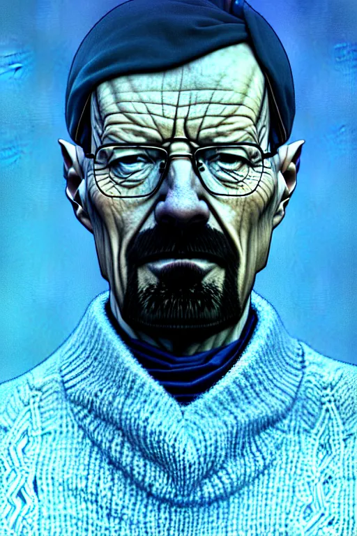 Prompt: portrait of a walter white as sapphire herald in an elegant winter sweater, by makoto shinkai, by akihiko yoshida, by zdzislaw beksinski, by dariusz zawadzki, artbook, tone mapped, deep blues, shiny, soft lighting