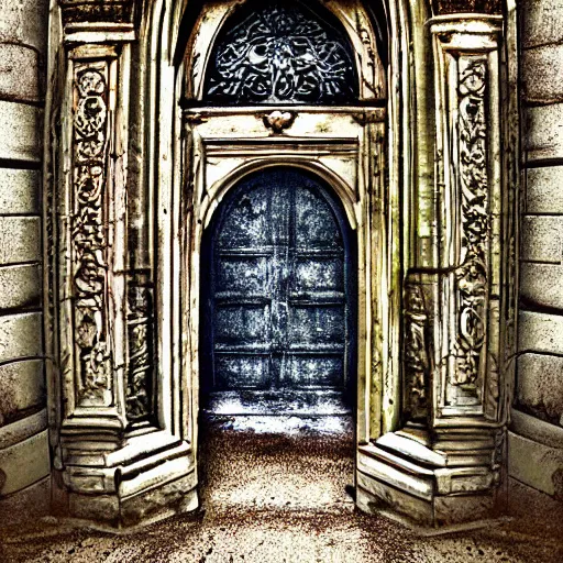 Prompt: Meadow. Ornate doorway with a portal to another dimension. Mixed media, Digital Art and AF-S NIKKOR 10-200mm F2.8G ED.