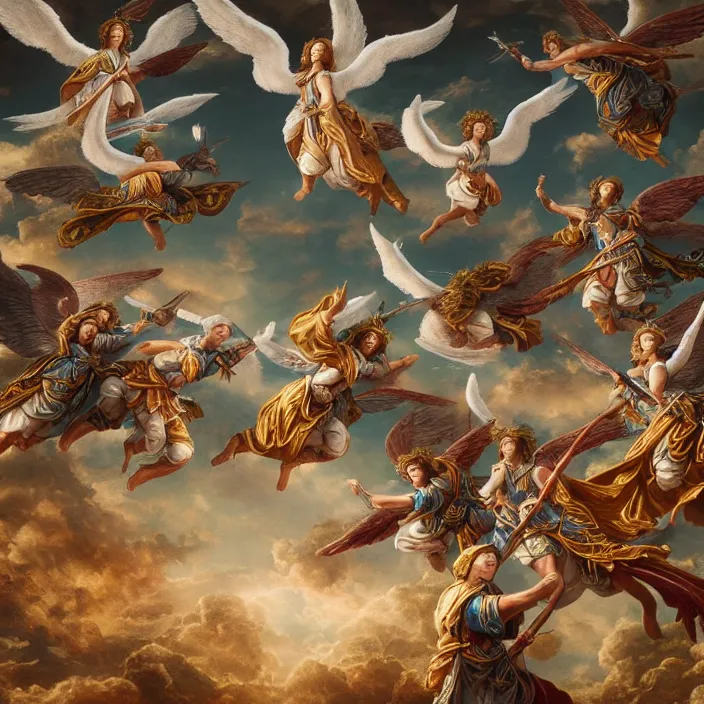 Image similar to photograph of a real-life beautiful angels with ornate robes flying into battle. Extremely detailed. 8k