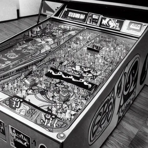 Prompt: photo of a pinball machine designed by MC Escher