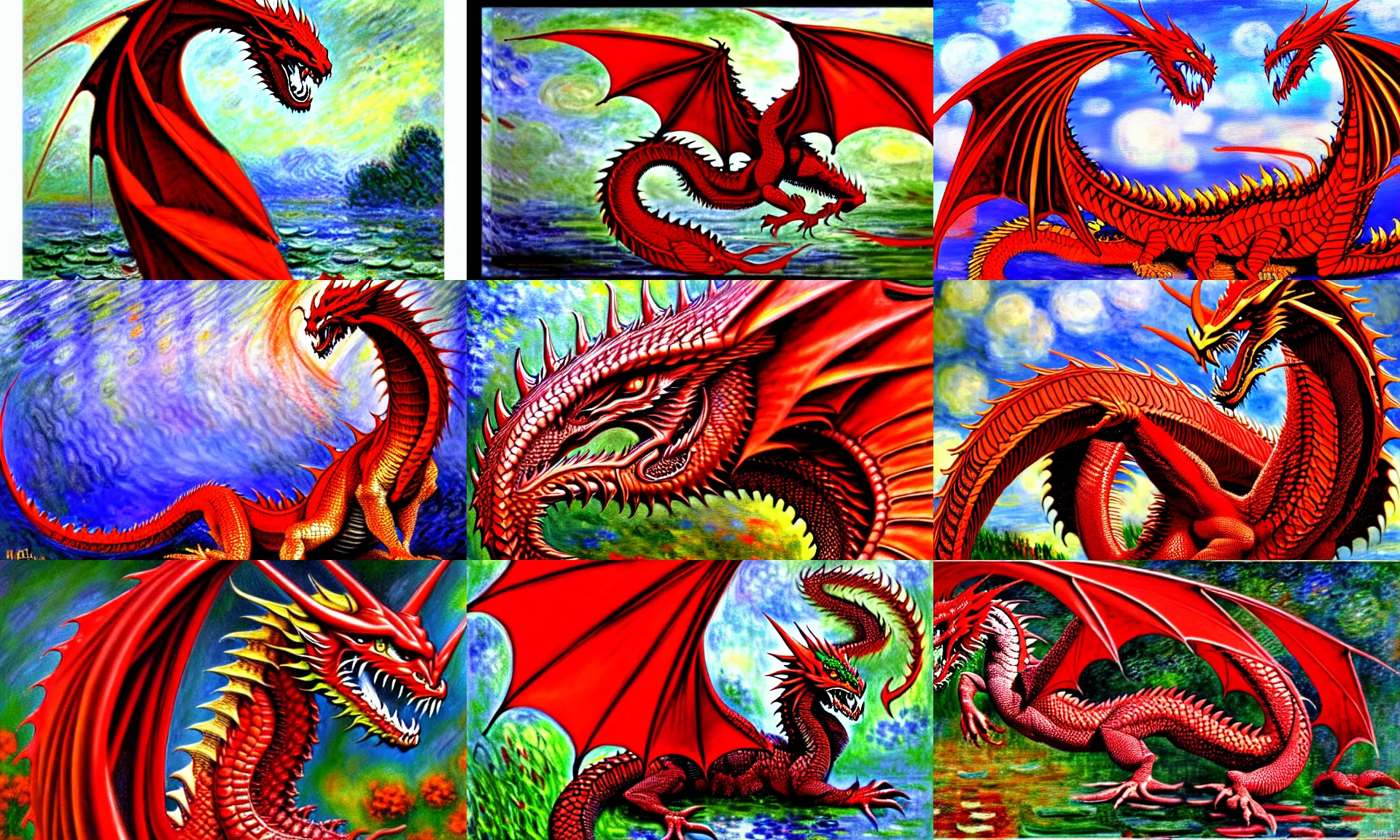 Prompt: classic red dragon in the style of claude monet, beautiful intricate masterpiece, hyper detailed, hd