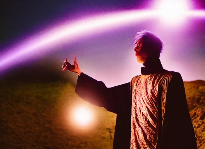 Image similar to closeup of a very very good looking detailed fantasy sorcerer wearing amazing clothes holding out their hand to summon magical energy dramatically on an empty moonlit hill, dramatic lighting, lens flare, 3 5 mm f 1. 4, professional photography, kodak ektar