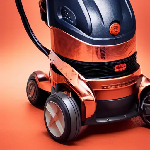 Prompt: Henry Hoover in copper armor illuminated by sun, high definition photography