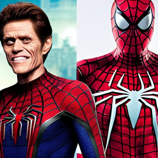 Image similar to spiderman with the head of willem dafoe