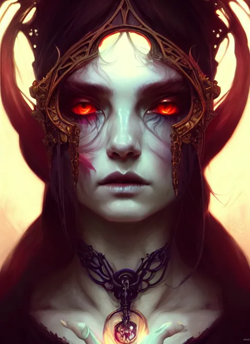 Image similar to Necromancer Sorceress, fantasy magic, undercut hairstyle, dark light night, intricate, elegant, sharp focus, illustration, highly detailed, digital painting, concept art, matte, art by WLOP and Artgerm and Greg Rutkowski and Alphonse Mucha, masterpiece