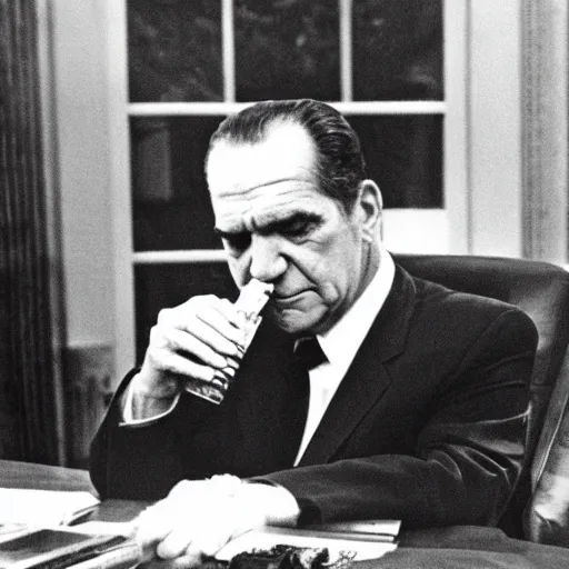 Image similar to Sad Richard Nixon drinking a bottle of vodka in the oval office, historical photo