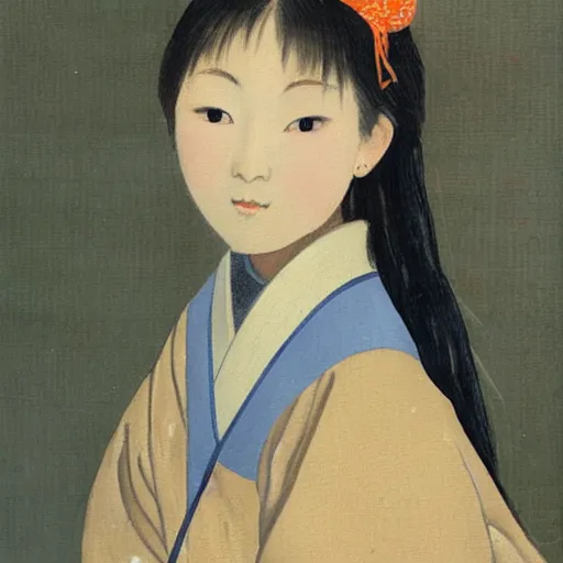 Image similar to a painting of Japanese schoolgirl, clothed, realism and naturalism