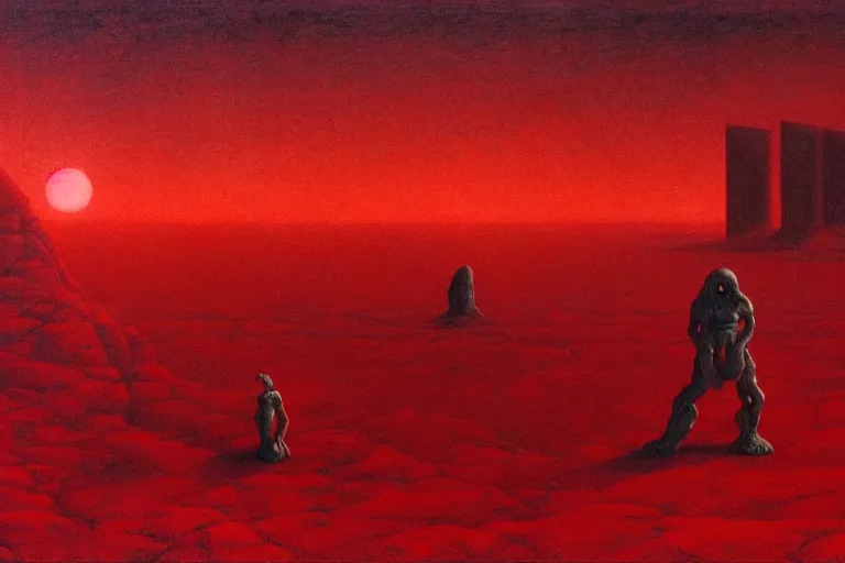 Image similar to only with red, a red god of death eat apple, a futuristic city on mars in background, an ancient path, pathos, in the style of beksinski, part by hopper, part by rodcenko, part by hofbauer, intricate composition, red by caravaggio, insanely quality, highly detailed, masterpiece, red light, artstation, 8 k