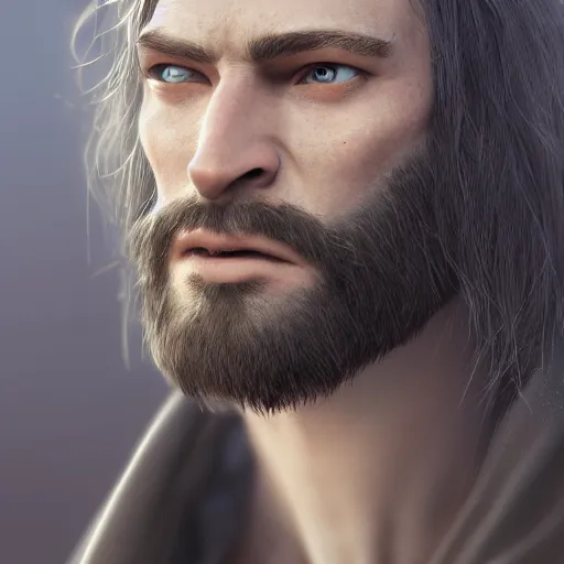 Image similar to a highly detailed portrait of a man without a beard, purple eyes, light gray long hair, wearing a black cloak, artstation, DeviantArt, professional, octane render