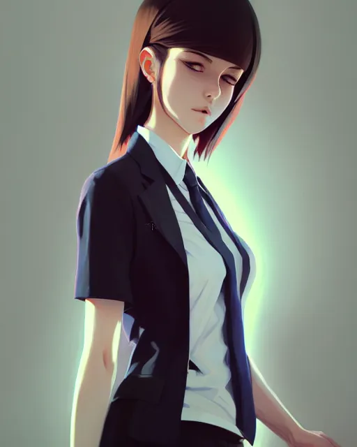 Image similar to a ultradetailed beautiful panting of a stylish woman wearing a shirt with a tie, by ilya kuvshinov, greg rutkowski and makoto shinkai, trending on artstation