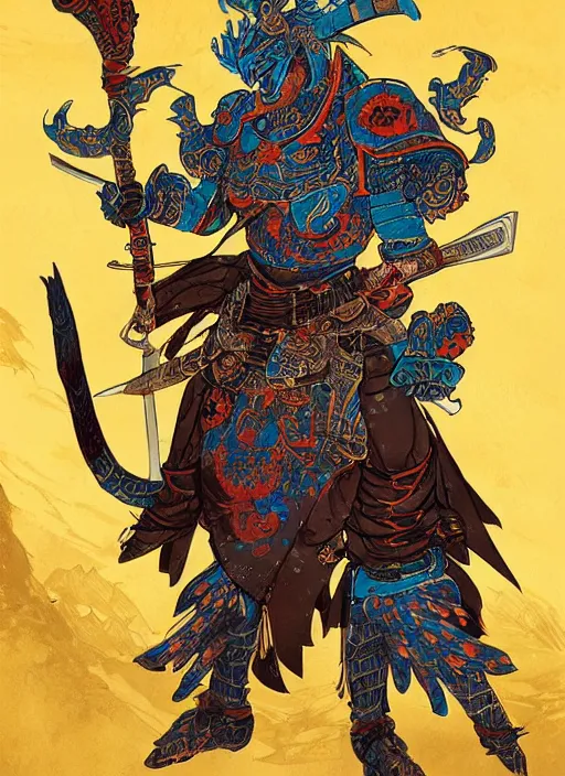 Prompt: Demon Samurai with Peacock Armor, in the style of Sam Guay and James Jean and Fenghua Zhong, character Illustration, stunning scene, trending on artstation