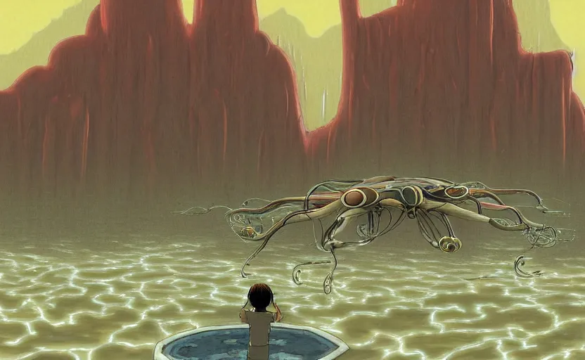 Prompt: a realistic cell - shaded studio ghibli concept art from paprika ( 2 0 0 6 ) of a flying intelligent multi - colored mechanical octopus from close encounters of the third kind ( 1 9 7 7 ) in a flooded monument valley. very dull colors, wide shot, hd, 4 k, hq