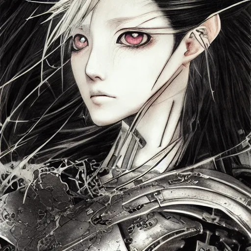 Image similar to yoshitaka amano realistic illustration of an anime girl with black eyes, wavy white hair fluttering in the wind and cracks on her face wearing elden ring armour with engraving, abstract black and white patterns on the background, noisy film grain effect, highly detailed, renaissance oil painting, weird portrait angle, blurred lost edges, three quarter view