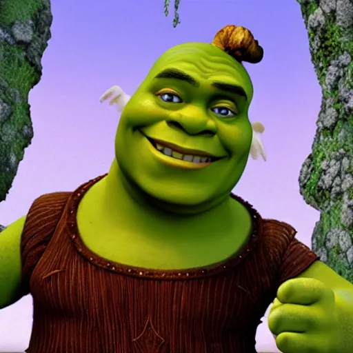 Image similar to shrek with red eyes, head shot