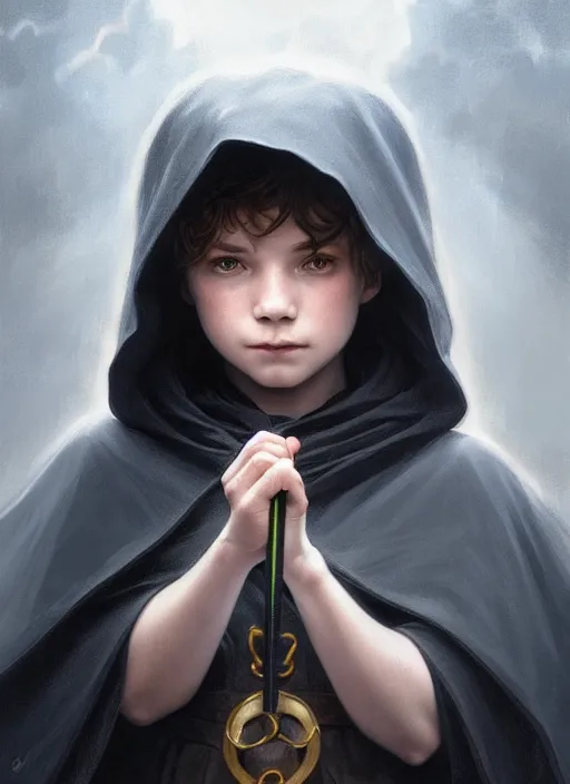 Prompt: perfectly - centered - portrait of a kid wearing black cloak holding stick, intricate, highly detailed, digital painting, artstation, concept art, smooth, sharp focus, illustration, unreal engine 5, 8 k, art by artgerm and greg rutkowski and alphonse mucha and sam spratt