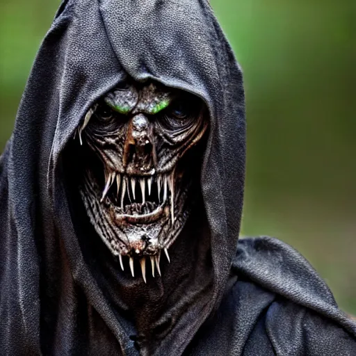 Image similar to photo taken of an epic intricate, ultra detailed, super realistic gritty, wet, slimy, lifelike sculpture of a nightmarish hellish humanoid hooded grim reaper, creature design created by weta workshop, menacing, some zoomed in shots, photorealistic, sharp focus, extremely cold blueish colour temperature, f 0. 4, full body shot