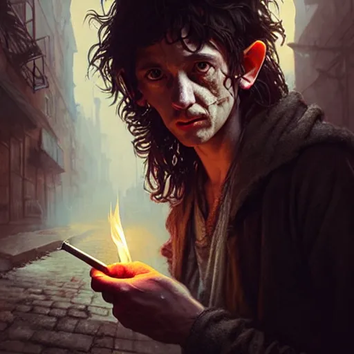 Image similar to Drug addict hobbit with crazy eyes smoking in a dark alley, ultra realistic, concept art, intricate details, dark, highly detailed, photorealistic, octane render, 8k, unreal engine, art by artgerm and greg rutkowski and alphonse mucha