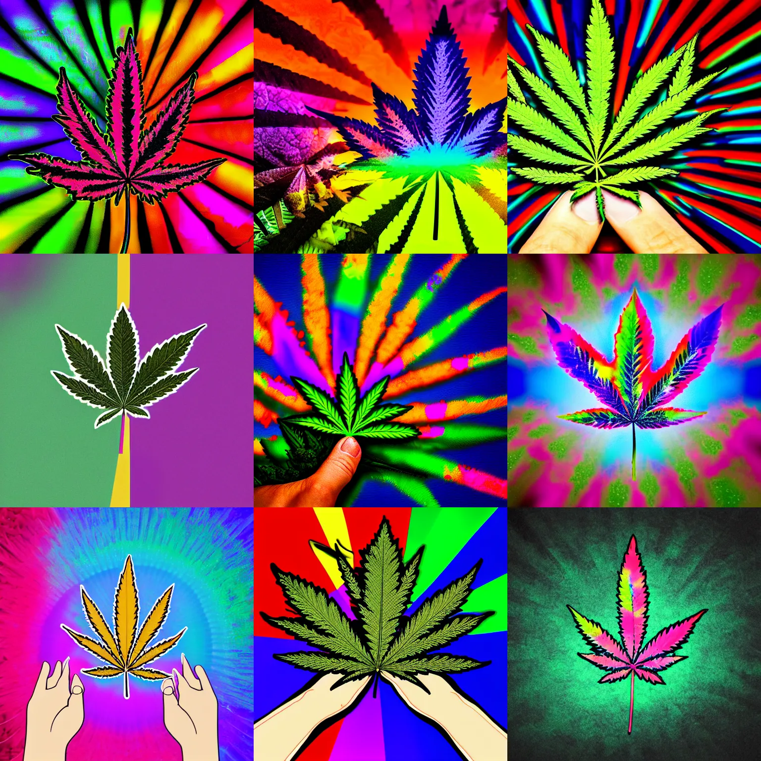 Prompt: closed fist holding marijuana leaf, covered in psychedelic rainbow eyes, high quality trending digital art