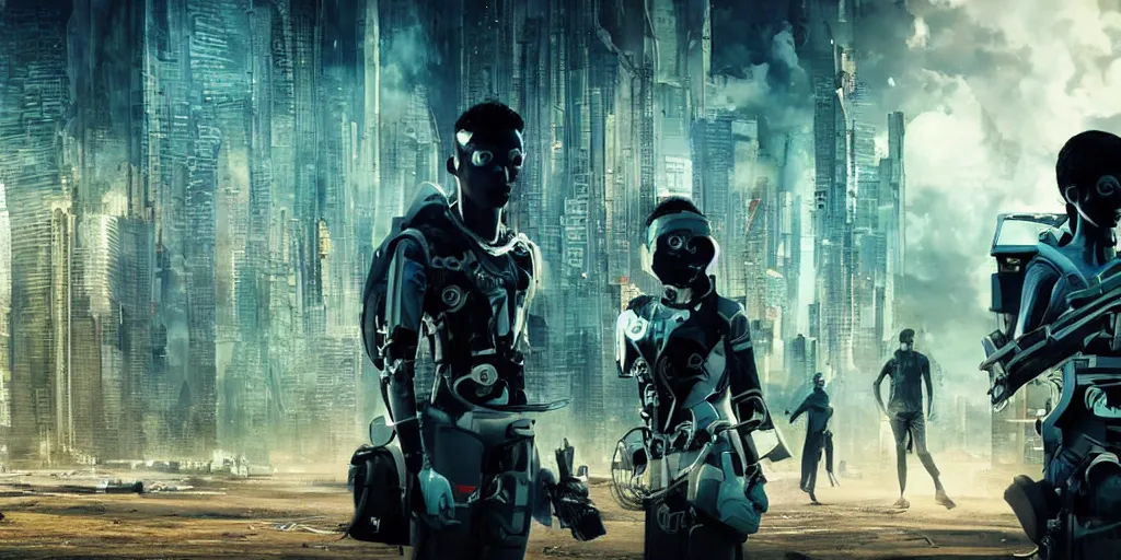 Image similar to sri lankan futuristic cyberpunk gang, film still, epic shot cinematography, rule of thirds, sci - fi tech style