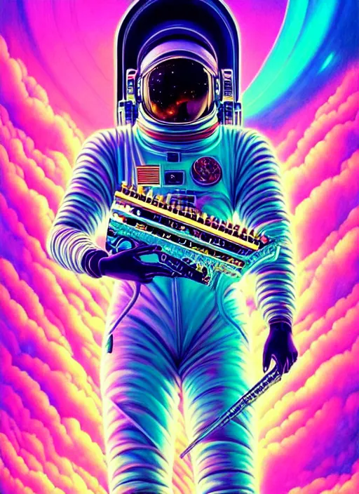 Image similar to hyper detailed ultra sharp painting of a vaporwave cyberpunk astronaut guitar musician. trending on artstation, warpaint aesthetic, earthwave, colorful, psychedelic, ornate, intricate, digital painting, concept art, smooth, sharp focus, full body, floating in space in front of saturn illustration, art by artgerm and darius zawadzki and alphonse mucha, 8 k