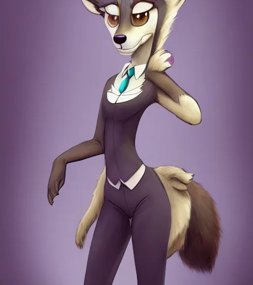 Image similar to oil painting of detailed full body of anthromorphic female wolf, in style of zootopia, zootopia, zootopia, fursona, furry, furaffinity, 4 k, deviantart, furry art, fursona art, wearing black business suit, business suit, in style of zootopia, wolf fursona, cyberpunk, female, expressive detailed feminine face,