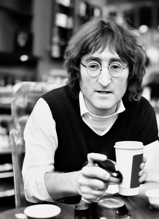 Image similar to john lennon sitting inside a starbucks and taking a picture of his drink cup with his iphone 1 2, black and white photo, real, photorealistic