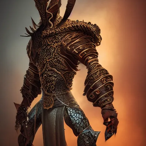 Image similar to D&D rogue character art:: Arabian warrior, intricate ornate armor, half-mask, tattoo, muscle, full body portraits, 35mm, position, cinematic litghing, realism concept art composition, ultra realistic, realism, cinematic, photorealistic, epic scene, low-key lighting, renderman, physically based render, dolby vision, 4k, super detailed, 8K, fantasy, detailed painting, long neck, long anatomy, mixed up, extra anatomy, style of charlie bowater, tom bagsgaw, artgerm, rule of thirds