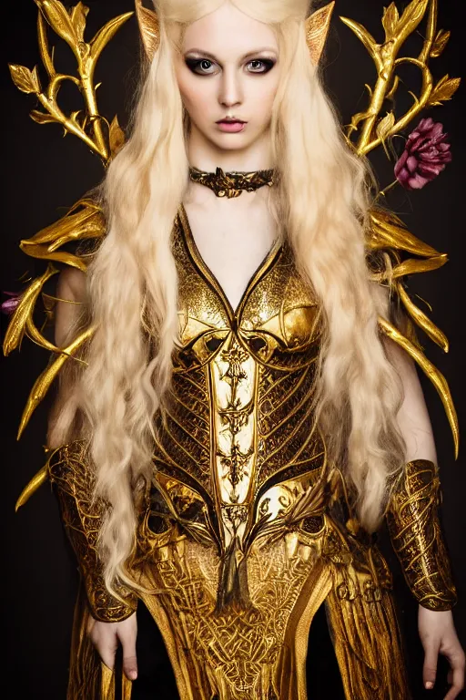 Image similar to very beautiful elven top model, golden hair, wearing gucci gothic victorian armor with leaves and flowers, luxury materials, symmetrical, cinematic, elegant, professional studio light, real dlsr photography, sharp focus, 4 k, ultra hd, sense of awe, high fashion