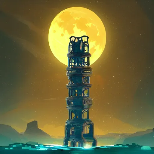 Image similar to ancient tower in the moon, retrowave epic art, trending on art station