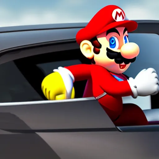 Prompt: mario mario driving a car, ultra realistic