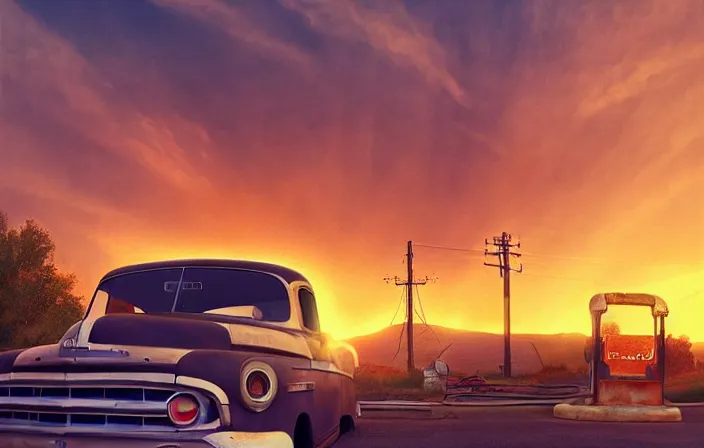 Image similar to A sunset light landscape with historical route66, lots of sparkling details and sun ray’s, blinding backlight, smoke, volumetric lighting, colorful, octane, 35 mm, abandoned gas station, old rusty pickup-truck, beautiful epic colored reflections, very colorful heavenly, softlight